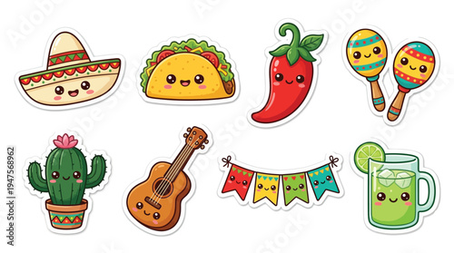 A collection of cute, kawaii-style Mexican-themed illustrations featuring a sombrero, taco, chili pepper, maracas, cactus, guitar, bunting, and a margarita.