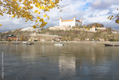 Bratislava castle, parliament and Danube river at beautiful fall day, Bratislava, Slovakia