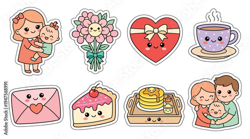 Collection of cute kawaii-style illustrations featuring heartwarming family moments, gifts, and treats, perfect for celebrations.
