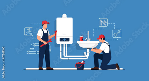 Professional Plumbing and Heating Maintenance Service Illustration with Workers Repairing Gas Boiler and Sink