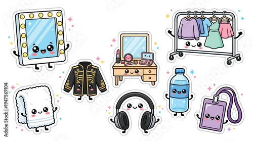 Kawaii-style illustrations of backstage theater items including a mirror, costume, clothes rack, makeup vanity, towel, headphones, water bottle, and ID badge.
