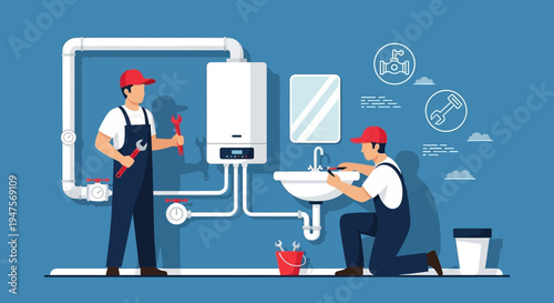 Professional Plumbing Service Concept Illustration: Plumbers Repairing Water Heater and Sink in Flat Vector Style