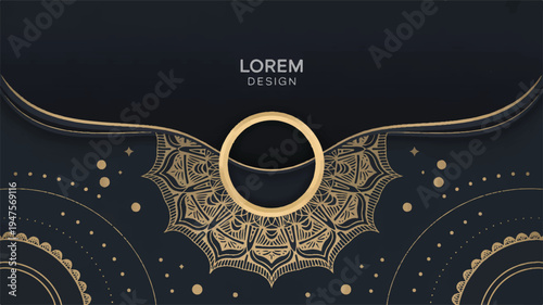 A decorative design set featuring a gold circle on a black background with intricate patterns and text.