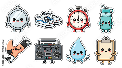 Collection of cute, kawaii-style cartoon fitness and sports-related icons, including a medal, sneakers, stopwatch, water bottle, leg with sock, boombox, water drop, and clipboard.