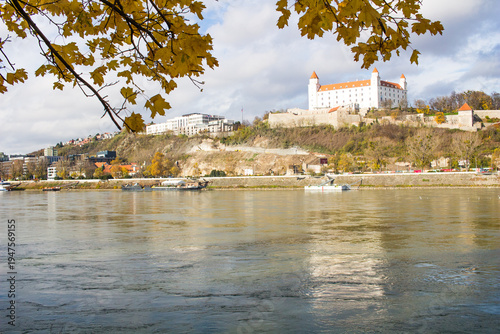 Bratislava castle, parliament and Danube river at beautiful fall day, Bratislava, Slovakia
