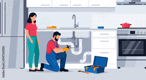 Professional Plumber Repairing Kitchen Sink and Leaking Pipes for Homeowner, Flat Vector Illustration of Home Maintenance Service