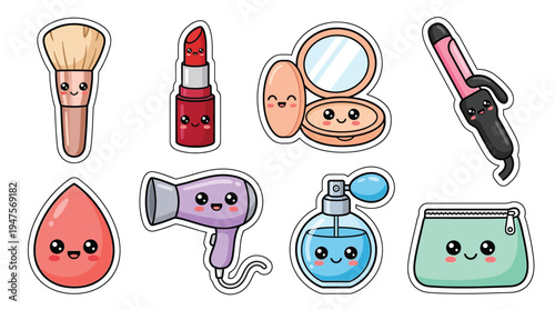 A collection of cute, kawaii-style illustrations of makeup and beauty products, featuring charming facial expressions.