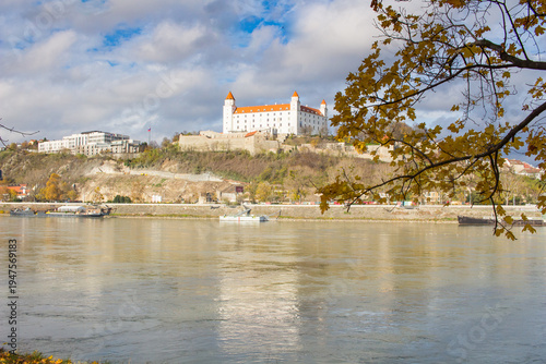Bratislava castle, parliament and Danube river at beautiful fall day, Bratislava, Slovakia