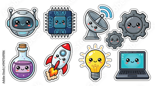 A collection of cute, kawaii-style cartoon icons representing various aspects of science and technology, including a robot, computer chip, satellite dish, gears, flask, rocket, lightbulb, and laptop.