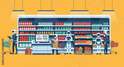 AI Technology in Retail: Futuristic Supermarket with Humanoid Robots Shopping and Managing Inventory - Vector Illustration