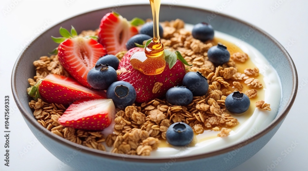 Fototapeta premium A bowl of yogurt topped with granola, strawberries, blueberries, and honey on a white background