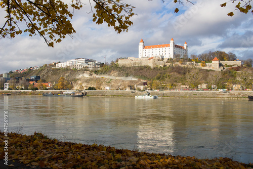 Bratislava castle, parliament and Danube river at beautiful fall day, Bratislava, Slovakia