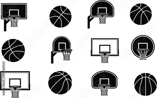 Basketball hoop and ball silhouette icon collection, sports equipment vector set with backboard and basket symbols isolated for game design