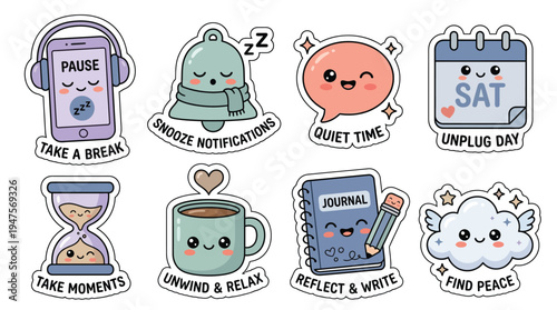 Collection of cute kawaii-style stickers promoting self-care, relaxation, and mindfulness activities.