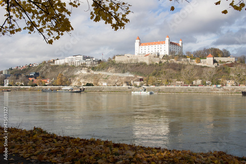Bratislava castle, parliament and Danube river at beautiful fall day, Bratislava, Slovakia