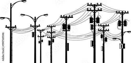 Black and White Silhouette of Utility Poles with Wires and Transformers electricity power lines