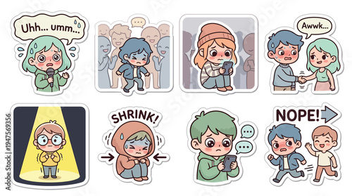 Collection of cute cartoon stickers depicting various social anxieties and awkward situations faced by young people.