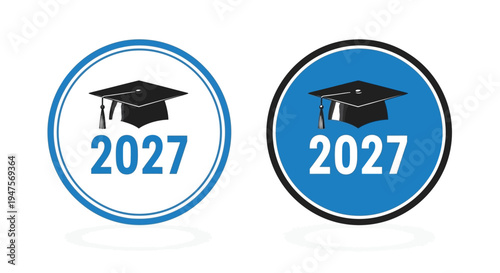 Graduation caps with year 2027 in clean graphic style on white background for academic celebration.