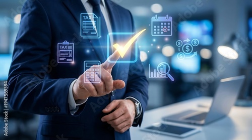 Wallpaper Mural A professional businessman is actively engaging with a vibrant digital interface, featuring a prominent checkmark amidst various tax and finance-related icons. Torontodigital.ca