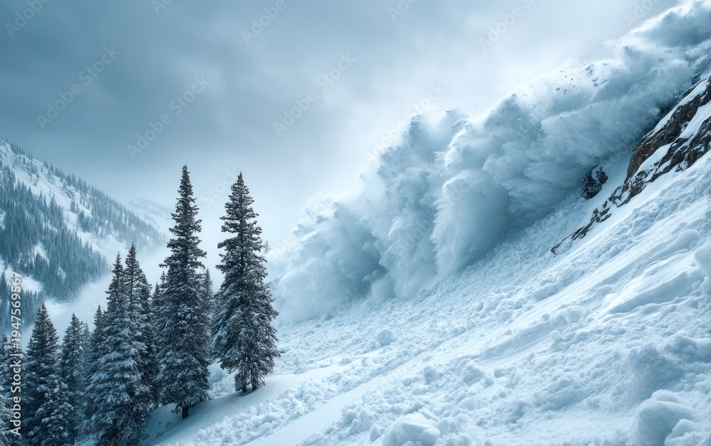 Obraz premium Massive Avalanche Racing Down Snow-Covered Mountain