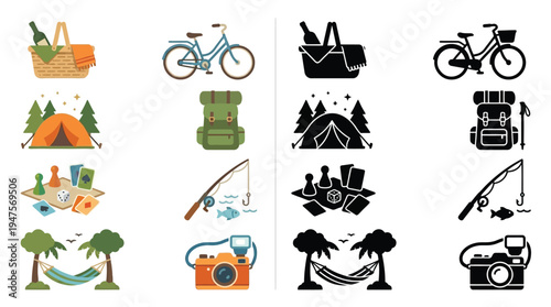 A collection of colorful and silhouette icons representing outdoor activities and leisure, including camping, fishing, and relaxation.