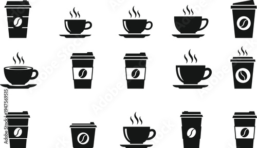 Coffee cup and takeaway coffee silhouette collection with hot drink icons, cafe beverage vector set isolated for menu and cafe design
