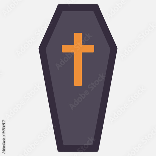 Dark coffin with orange cross illustration for funeral, halloween, death, and mourning concepts