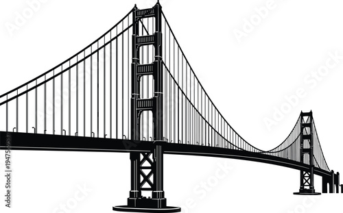 Black silhouette of the Golden Gate Bridge on a white background San Francisco architecture
