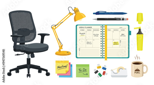A collection of office supplies and furniture, including a desk chair, lamp, planner, pens, sticky notes, and a coffee mug, arranged on a white background.