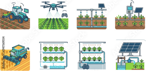 Flat vector illustration set of modern agriculture equipment and smart farming technology. Collection of agricultural tools and machinery icons such as tractor, drone, irrigation system, greenhouse