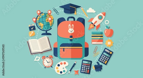 Back to School Education Concept with Student Backpack and Learning Supplies Vector Illustration