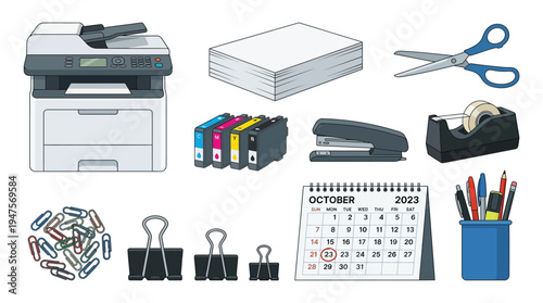 A collection of office supplies including a printer, paper, ink cartridges, scissors, stapler, tape dispenser, paper clips, binder clips, a calendar, and pens in a holder.