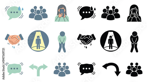 Collection of icons representing social interactions, emotions, and communication challenges.