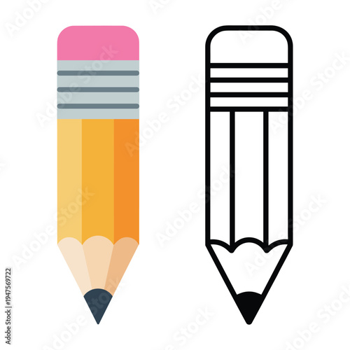 Pencil icon - writing and drawing tool with eraser and outline