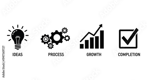 A series of black icons representing ideas process growth and completion silhouette high quality professional detailed
