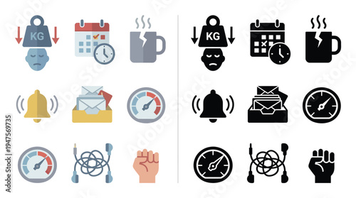 Collection of icons representing stress, pressure, and workload, shown in both color and silhouette versions.