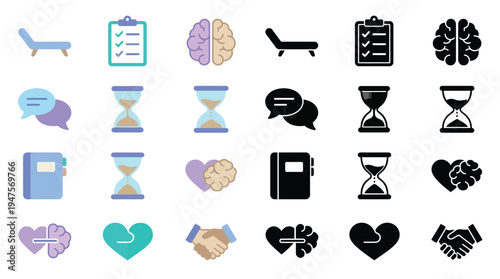 Collection of icons representing mental health, therapy, and well-being, including a chaise lounge, clipboard, brain, hourglass, speech bubbles, book, and heart symbols.