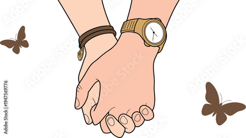 Close Up of Couple Holding Hands with Butterflies, Concept of Romantic Love and Deep Connection, Partners Showing Affection and Unity, and Caring Relationship Togetherness Vector Illustration