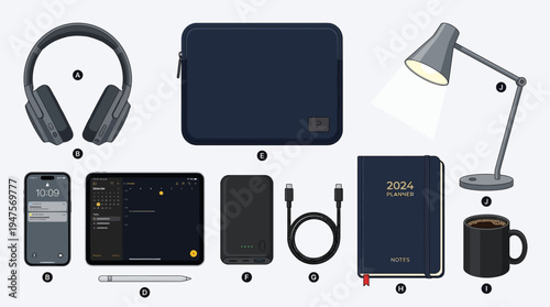 A neatly arranged collection of modern work-from-home essentials, including headphones, a laptop sleeve, a desk lamp, a smartphone, a tablet, a power bank, and a planner.