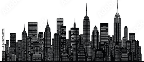 Black and White Silhouette of a City Skyline at Night with Lit Windows vector illustration