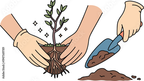 Close Up of Gardener Hands Planting Young Tree in Soil, Protection and Reforestation, Person Using Trowel for Gardening and Nature Conservation, and Sustainable Ecology Growth Vector Illustration