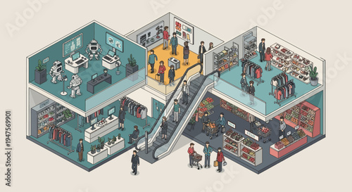 Isometric Shopping Mall Illustration with Retail Stores, Supermarket, and Futuristic Robotics Lab