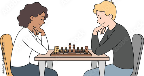Diverse Young Man and Woman Playing Chess, Concept of Thinking and Intellectual Competition, Friends Enjoying Board Game at Home, and Logical Problem Solving Mental Activity Vector Illustration
