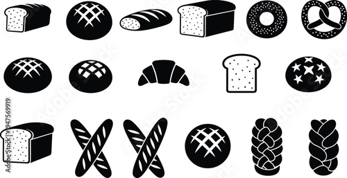 Collection of bread and bakery icons including baguettes, croissants, pretzels, donuts, buns, and loaves, representing diverse baked goods and culinary concepts
