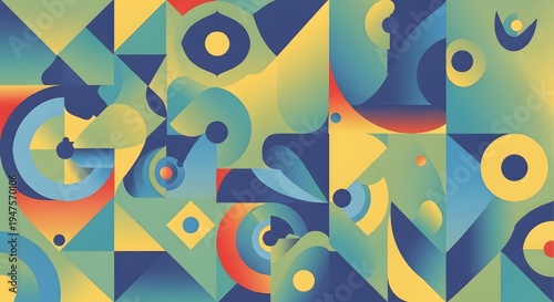 A dynamic, colorful abstract geometric pattern featuring triangles, circles, and rectangles in bright blue, red, yellow, and green. Ideal for modern backgrounds, graphic design, and energetic visual.