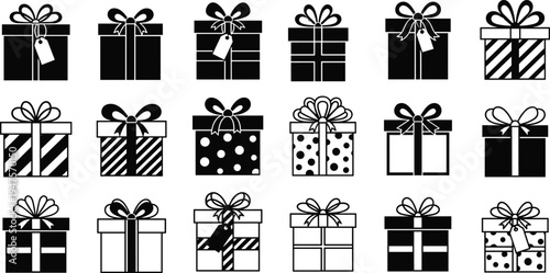 Decorative gift box icon collection with ribbon bows and patterns, present package vector set isolated for birthday, holiday celebration design
