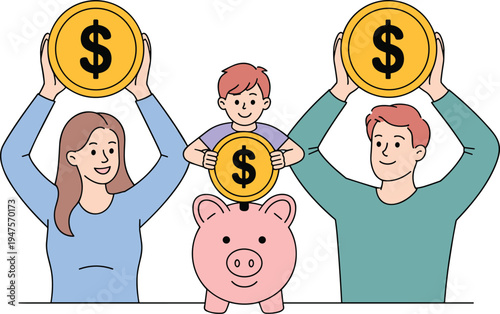 Happy Family Putting Gold Dollar Coins into Pink Piggy Bank, Concept of Financial Planning and Domestic Savings, Parents Teaching Child about Money Management for Household Wealth Vector Illustration