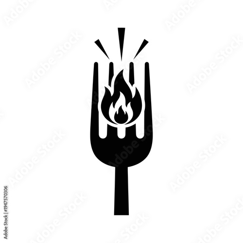 Black fork with flame on prongs.