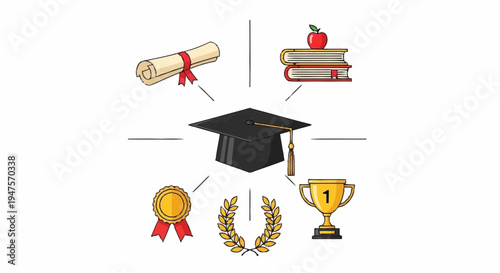 Graduation ceremony with diploma, books, and awards on a table