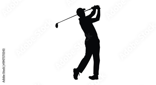 A golfer completes a swing captured in a stark black form against a bright background silhouette